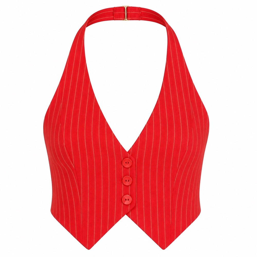 Anthropologie Halter Vest Top Red Pinstripe Button Front Backless Crop Small NWT